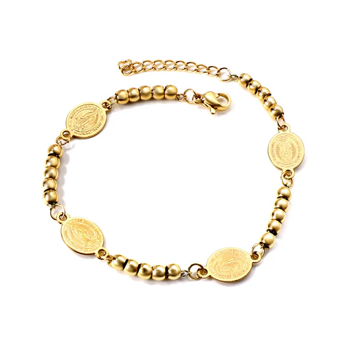 Tresoli Stainless Steel Gold Color PVD 4 Oval Portraits With 5 Beads Charm Bracelet