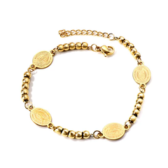 Tresoli Stainless Steel Gold Color PVD 4 Oval Portraits With 5 Beads Charm Bracelet