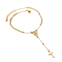 Tresoli Stainless Steel Gold Color PVD 1 Oval With Portrait And 31 Balls And Cross Pendant Bracelet