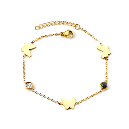 Tresoli Stainless Steel Gold Color PVD 3 Butterfly With 2 Mixed Color Diamonds Soft Bracelet
