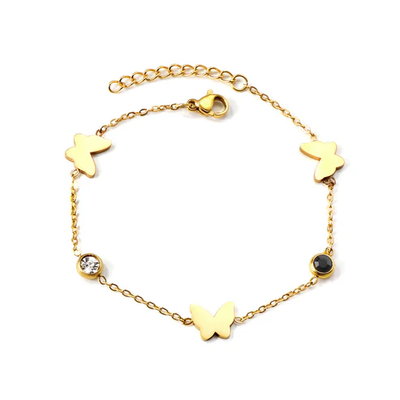 Tresoli Stainless Steel Gold Color PVD 3 Butterfly With 2 Mixed Color Diamonds Soft Bracelet
