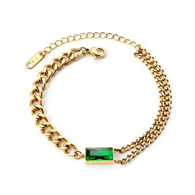 Tresoli Stainless Steel Gold Color PVD Rectangle With Green Diamond Soft Bracelet