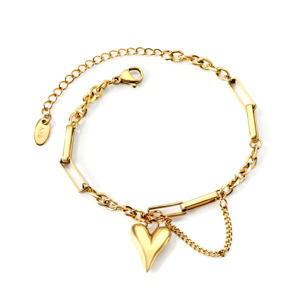 Stainless Steel Gold Color PVD Long Heart Accessory Bracelet