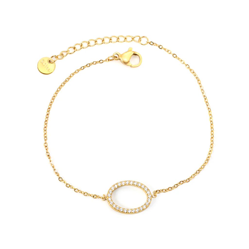 Stelluxe Stainless Steel Gold Color PVD Oval Hollow CNC White Zirconia Pendant 0.3mm Cross Round Plague Bracelet