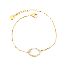 Load image into Gallery viewer, Stelluxe Stainless Steel Gold Color PVD Oval Hollow CNC White Zirconia Pendant 0.3mm Cross Round Plague Bracelet