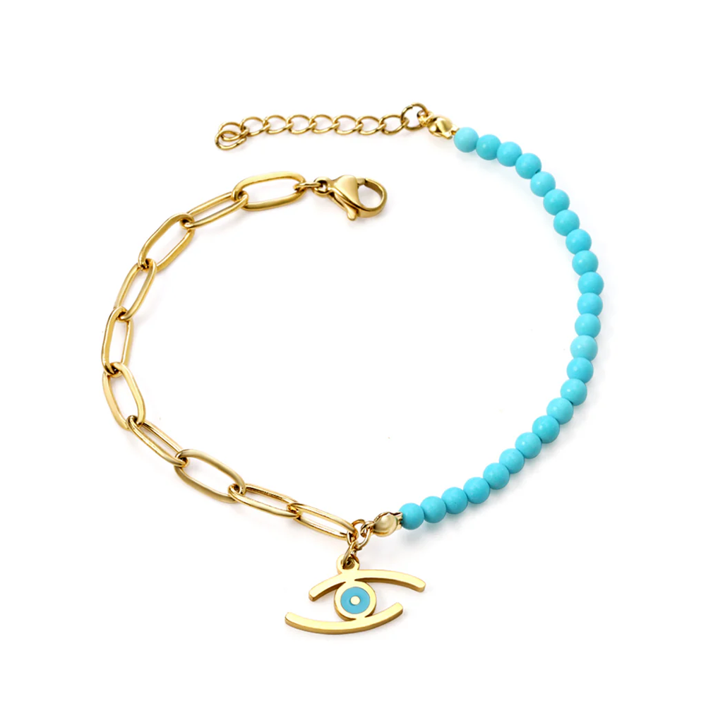 Stainless Steel Gold Color PVD Lake Blue Eye Pendant With Blue Beads Chain Bracelet