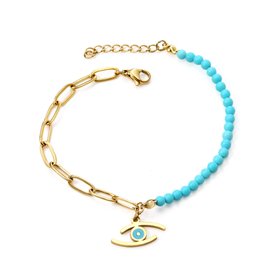 Tresoli Stainless Steel Gold Color PVD Lake Blue Eye Pendant With Blue Beads Chain Bracelet