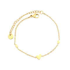 Tresoli Stainless Steel Gold Color PVD 1 Crooked Heart And 2 Small Heart 0.3mm Cross Chain Round Plague Bracelet
