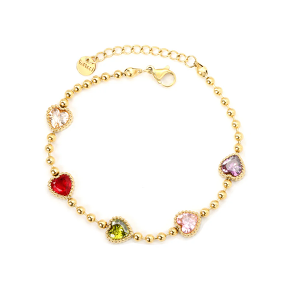 Tresoli Stainless Steel Gold Color PVD Mixed Color Zirconia Heart Bead Chain Bracelet with Round Tag
