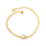 Tresoli Stainless Steel Gold Color PVD Rectangular White Cubic Zirconia Bead Chain Round Pendant Bracelet