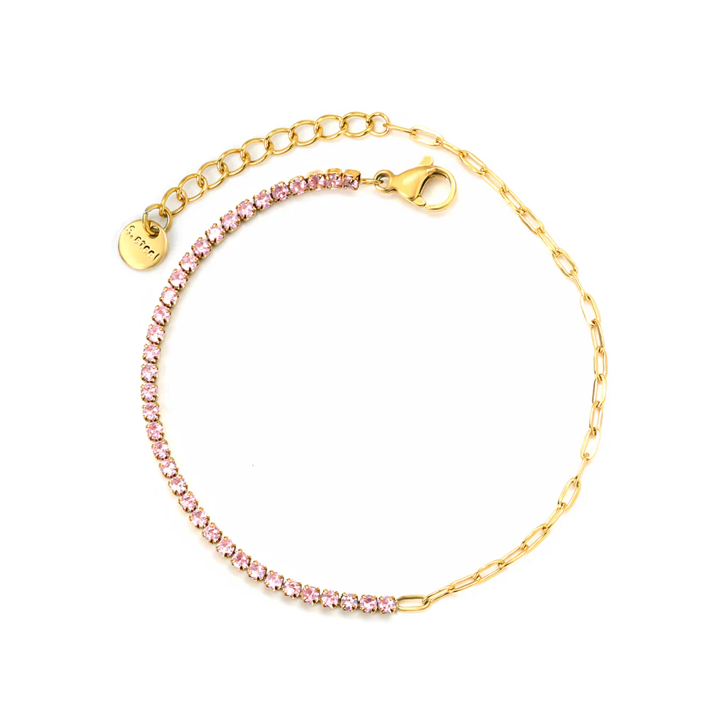 Tresoli Stainless Steel Gold Color PVD Four Prong Round Pink Zirconia Bracelet