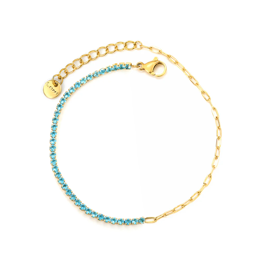 Stainless Steel Gold Color PVD Four Prong Round Light Blue Zirconia Bracelet
