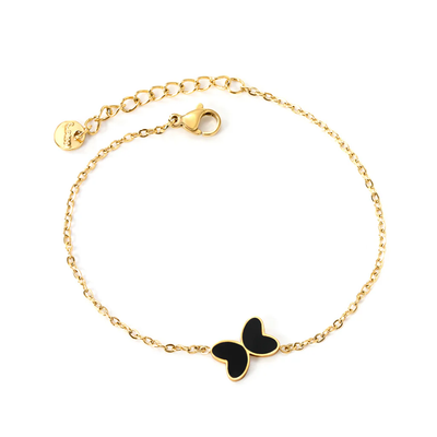 Tresoli Stainless Steel Round Tail Plague Gold Color PVD Butterfly With Black Yak Oil Bracelet With Cross Chain