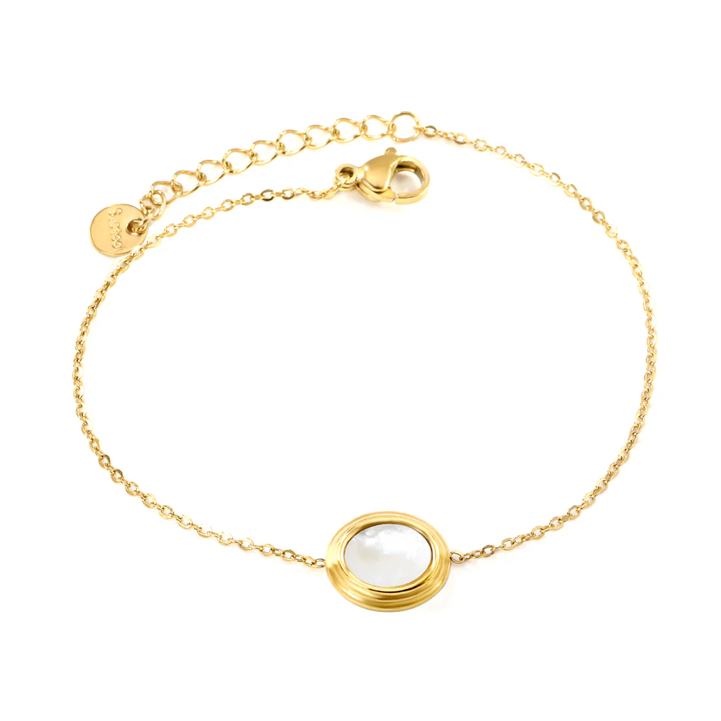 Tresoli Stainless Steel Round Plague Gold Color PVD Steps Oval With White Shell Bracelet With 0.3 Cross Chain