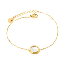 Load image into Gallery viewer, Tresoli Stainless Steel Round Plague Gold Color PVD Steps Oval With White Shell Bracelet With 0.3 Cross Chain