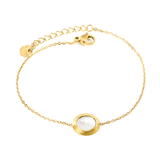 Tresoli Stainless Steel Round Plague Gold Color PVD Steps Oval With White Shell Bracelet With 0.3 Cross Chain