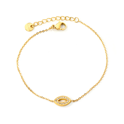 Stelluxe Stainless Steel Gold Color PVD Eyes CNC White Zirconia Cross Chain Bracelet With Round Plate Tag