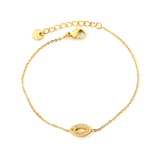 Stelluxe Stainless Steel Gold Color PVD Eyes CNC White Zirconia Cross Chain Bracelet With Round Plate Tag