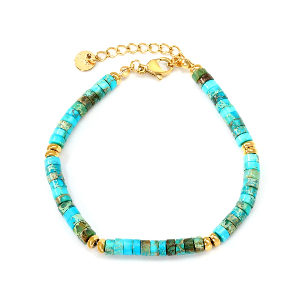 Stainless Steel Gold Color PVD Cylindrical Indian Agate Stone Round Flat Gold Beads Bracelet