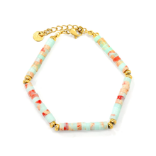 Load image into Gallery viewer, Tresoli Stainless Steel Gold Color PVD Cylindrical Shoushan Stone Round Flat Gold Beads Bracelet
