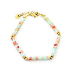 Tresoli Stainless Steel Gold Color PVD Cylindrical Shoushan Stone Round Flat Gold Beads Bracelet