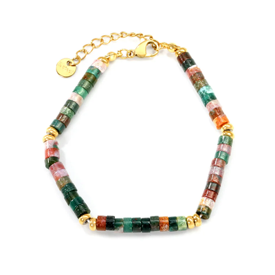 Tresoli Stainless Steel Gold Color PVD Cylindrical Agate Stone Round Flat Gold Beads Bracelet