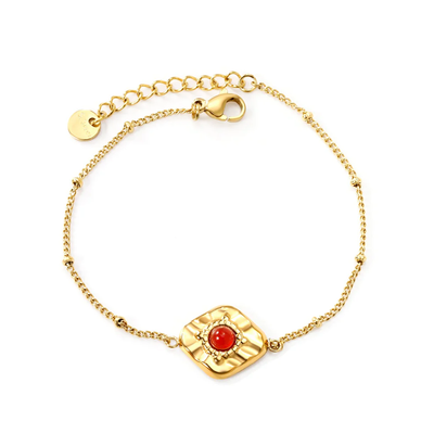 Tresoli Stainless Steel Gold Color PVD Rhombus With Red Stone Bracelet