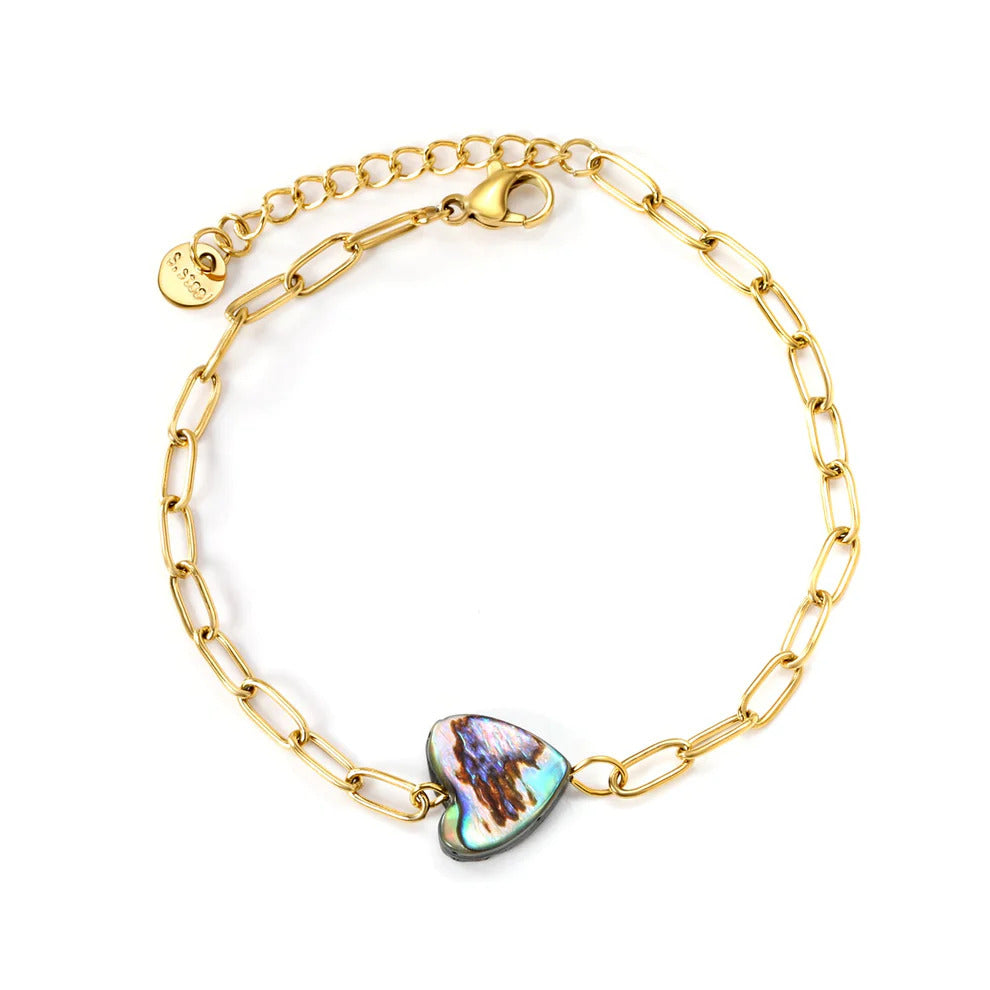 Stainless Steel Gold Color PVD Heart Shaped Abalone Shell Bracelet