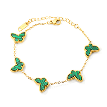 Load image into Gallery viewer, Stelluxe Stainless Steel Gold Color PVD Butterfly Sticky Double Sided Vertical Green Acrylic Bracelet