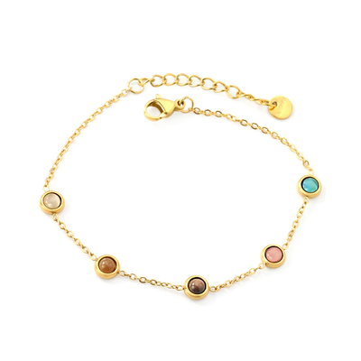 Tresoli Stainless Steel Gold Color PVD 5 Round Discs Multi Color Cubic Zirconia Round Tag Bracelet