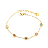 Tresoli Stainless Steel Gold Color PVD 5 Round Discs Multi Color Cubic Zirconia Round Tag Bracelet