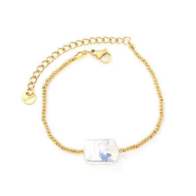 Tresoli Stainless Steel Gold Color PVD Rectangular Imitation White Pearl Steel Ball Chain Bracelet