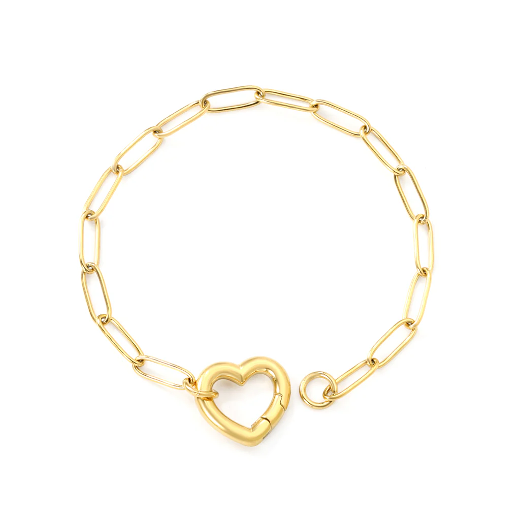 Stelluxe Stainless Steel Gold Color PVD Wire Peach Heart Clasp Bracelet With Round Plague