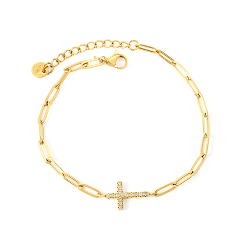 Stelluxe Stainless Steel Gold Color PVD Cross CNC White Zirconia Long Flat Cross Round Tail Plague Bracelet