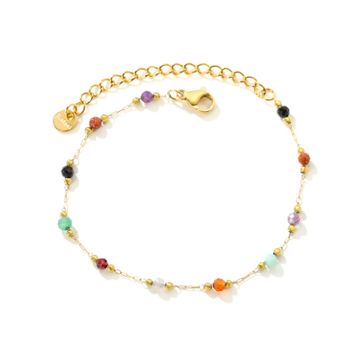 Tresoli Stainless Steel Gold Color PVD Steel And Multi Color Stones Round Tag Bracelet