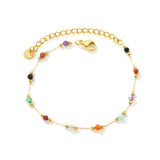 Tresoli Stainless Steel Gold Color PVD Steel And Multi Color Stones Round Tag Bracelet