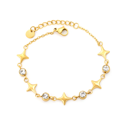 Stelluxe Stainless Steel Gold Color PVD 5 Stars Round White Diamonds Cross Chain Round End Tag Bracelet