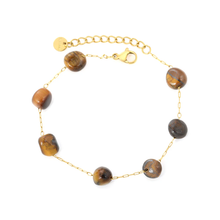 Load image into Gallery viewer, Stelluxe Stainless Steel Gold Color PVD Tiger's Eye Bead With Long Clasp Cross Chain Round End Cap Bracelet