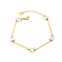 Load image into Gallery viewer, Stelluxe Stainless Steel Gold Color PVD Bamboo Shaped Straight Bar With Square White Diamonds Round Tail Bracelet
