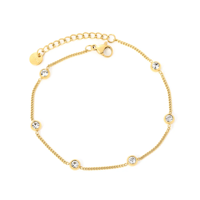 Tresoli Stainless Steel Gold Color PVD Round Disc Diamond Bead Round End Cap Bracelet