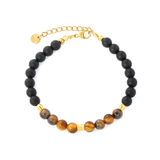 Tresoli Stainless Steel Gold Color PVD Tiger's Eye Stone With Black Bead Accents Round Tag Bracelet
