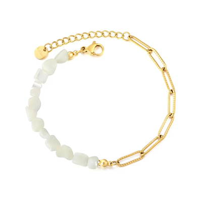 Tresoli Stainless Steel Gold Color PVD White Crushed Shell Mosaic Textured Paperclip Chain Bracelet