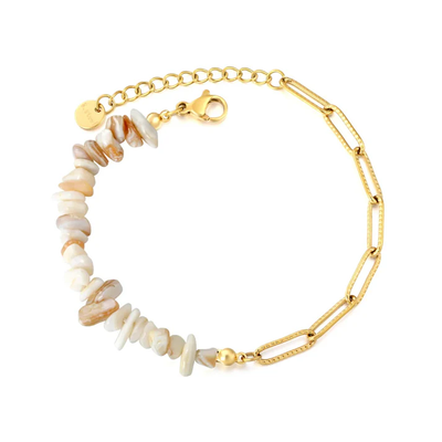 Tresoli Stainless Steel Gold Color PVD Multi Color Crushed Shell Mosaic Textured Paperclip Chain Bracelet