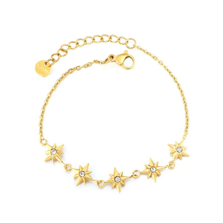 Tresoli Stainless Steel Gold Color PVD White Crystals Eight Pointed Star Cross Chain Bracelet