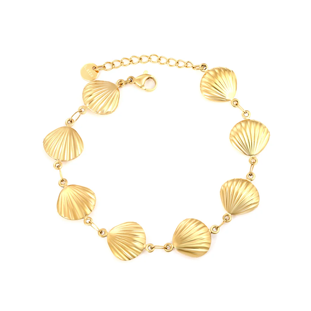 Stelluxe Stainless Steel Gold Color PVD 8 Hollow Shell Round Tail Brand Bracelet
