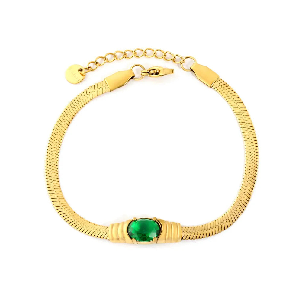 Stainless Steel Gold Color PVD Prong Set Oval Emerald Zircon Bracelet