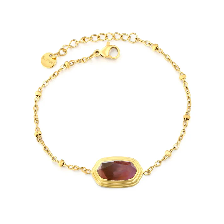 Tresoli Stainless Steel Gold Color PVD Rhombus Amethyst Natural Stone Bead Clamp Chain Bracelet