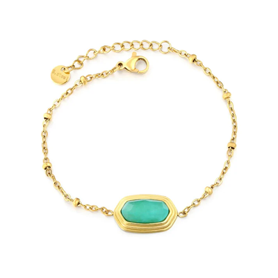 Tresoli Stainless Steel Gold Color PVD Rhombus Blue Natural Stone Bead Clamp Chain Bracelet