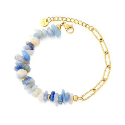 Tresoli Stainless Steel Gold Color PVD Blue Aventurine Long Flat Cross Textured Beads Bracelet With End Tag