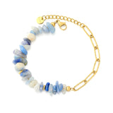 Tresoli Stainless Steel Gold Color PVD Blue Aventurine Long Flat Cross Textured Beads Bracelet With End Tag